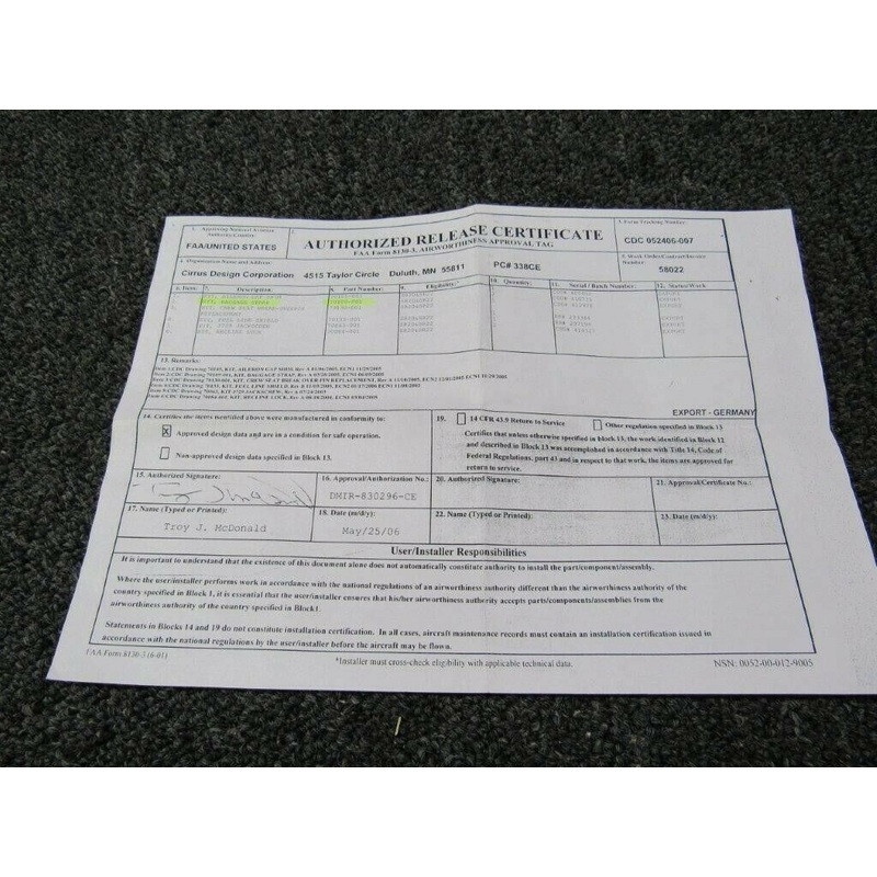 70109-001 Cirrus SR20/22 Baggage Door Strap Kit W/ 8130-3 (SA)