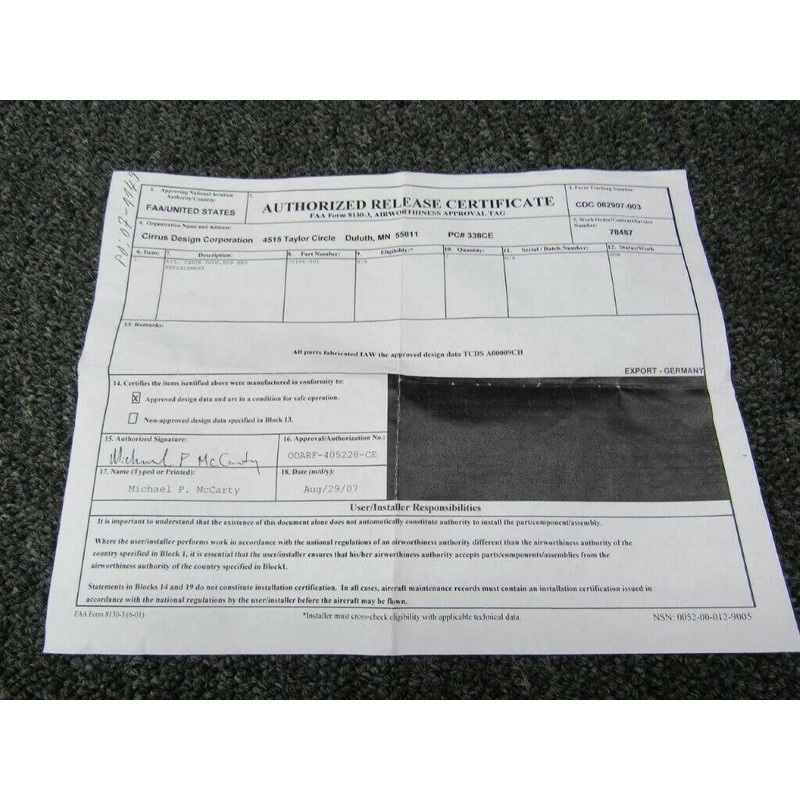 70186-001 Cirrus SR20/22 Cabin Door Rod End W/ 8130-3 (SA)