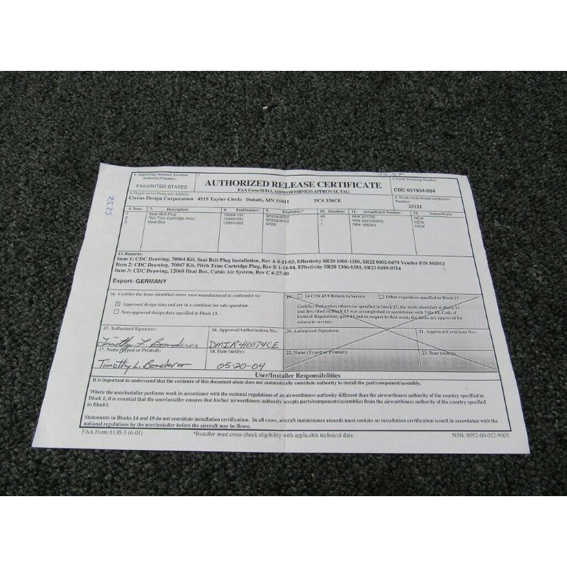 70064-001 Cirrus SR20 Kit Recline Lock w/ 8130 (SA)