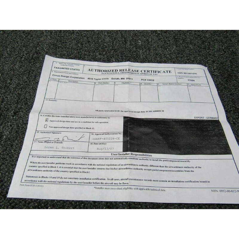 70181-002 Cirrus SR20/22 Caps Kit W/ 8130-3 (SA)