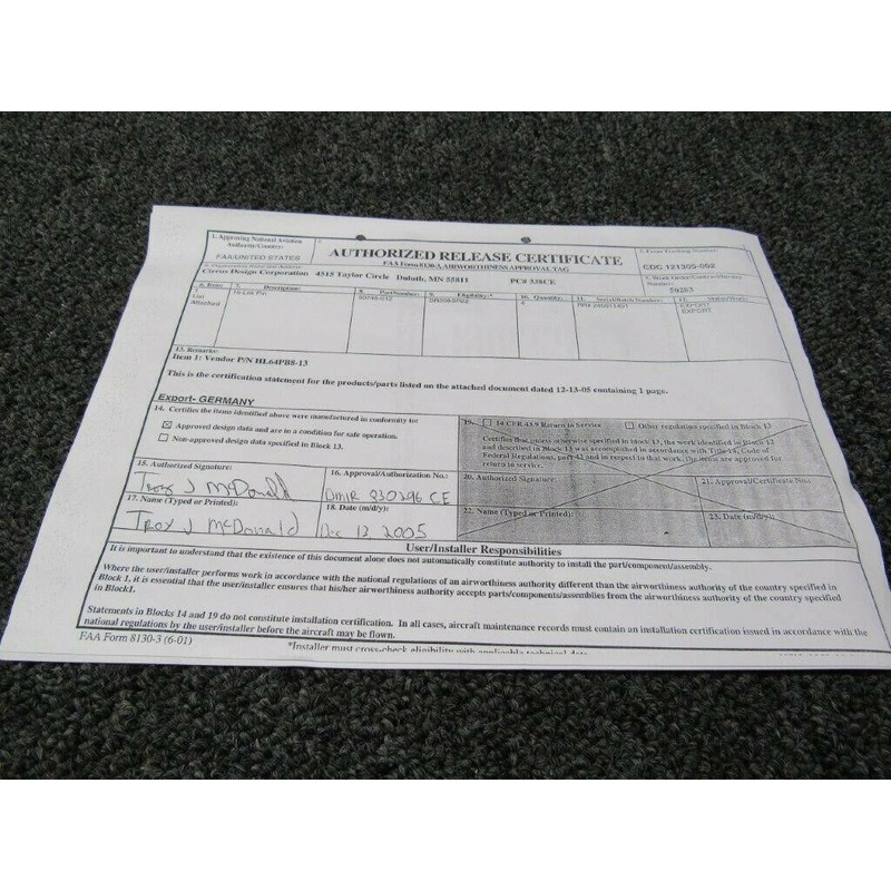 70124-001 Cirrus SR20/22 Elev & Pitch Trim Kit W/ 8130 (SA)
